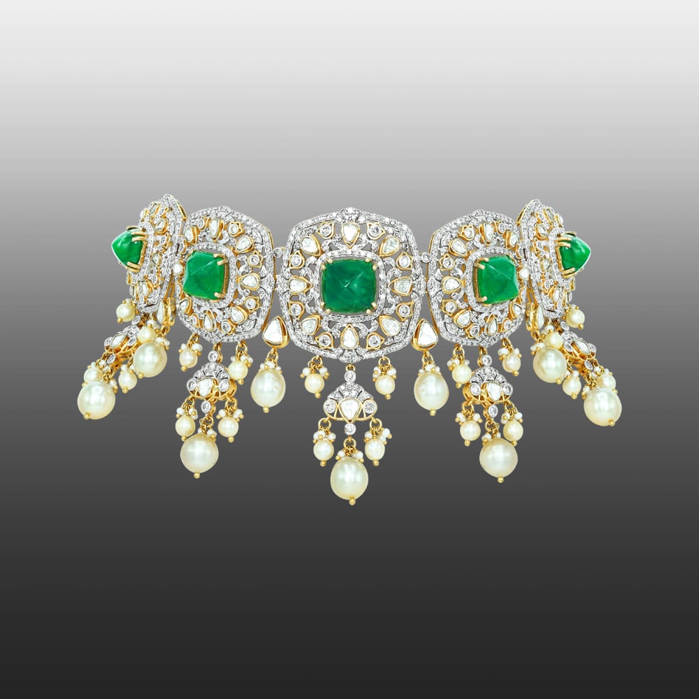 Emerald and Polki Choker with Pearls